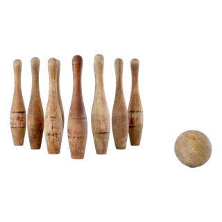 Antique Wooden Bowling Pins Game With Box For Sale