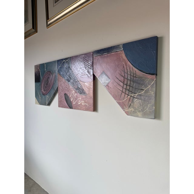 1980s Vintage Expressionist Abstract Composition Mixed Media Textured Acrylic Paintings – Set of 3 For Sale - Image 4 of 12