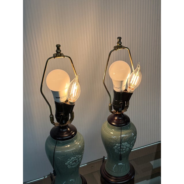 Mid 20th Century Chinese Jade Glazed Porcelain Table Lamps, Pair For Sale - Image 4 of 10