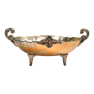 Vintage Silver-Plated Footed Jardiniere Centerpiece Bowl With Dragon Handles and Fleur-De-Lis Mounts For Sale