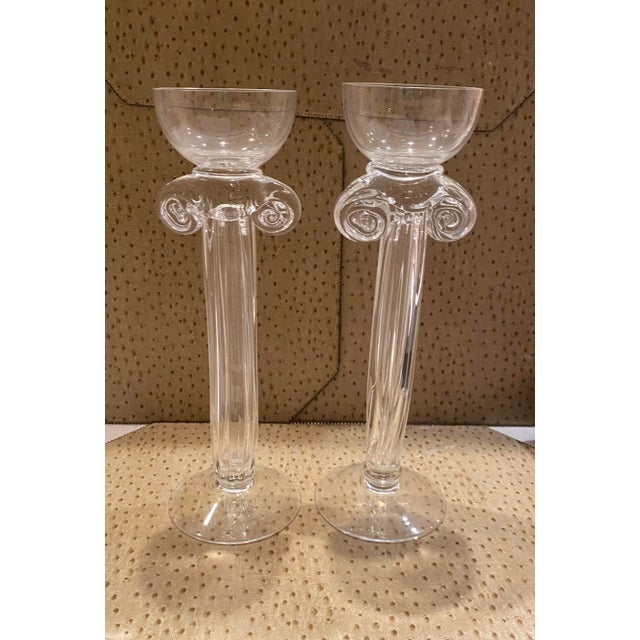 Italian Pair of 1980s Hand Blown Glass Candlesticks, Corinthian Column Style Fluted Glass With Candle Cup Holder on Top For Sale - Image 3 of 9
