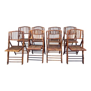 Mid 20th Century Vintage Burnt Bamboo Tortoise Folding Chairs - a Set of 8 For Sale