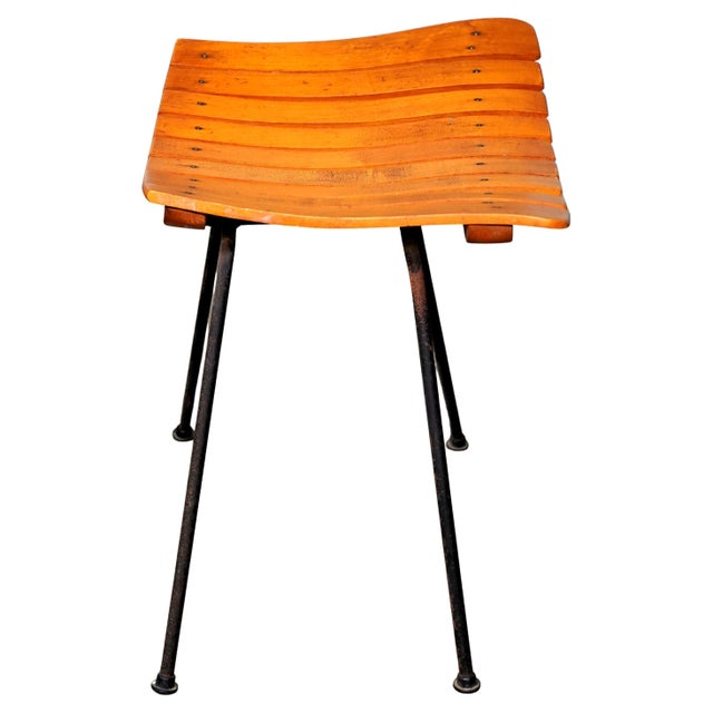 Vintage Arthur Umanoff Style Slatted Wood & Iron Stool Ottoman – Rare Backless Form, 1950s For Sale - Image 9 of 9