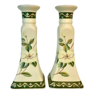 Vintage Coastal Chic Magnolia Motif Ceramic Candle Holders in Butter Cream & Green - A Pair For Sale