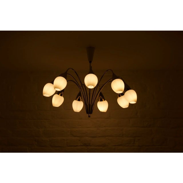 Elegant 9 arm of light light in solid brass, each ended with an opalin glass bulb truncated oblique. Modernist work of the...