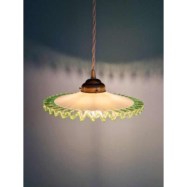 Art Deco Pendant Light in White Opaline Glass and Uranium Glass, France, 1920s For Sale - Image 11 of 12
