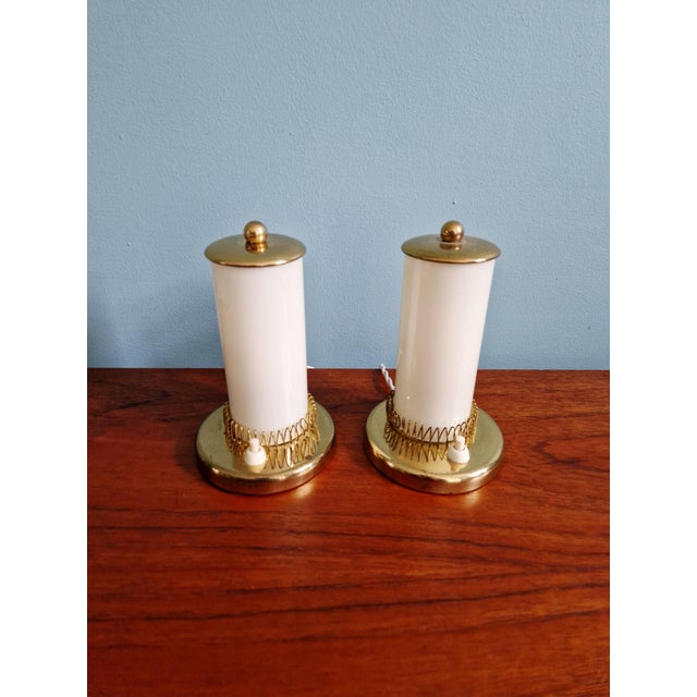 Mid-Century Modern Bedside Lamps in Brass and Cream Opaline Glass, 1950, Set of 2 For Sale - Image 13 of 16