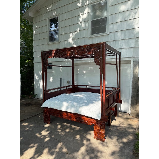 Late 1800s Antique Chinese Wedding Canopy Bed Hand-Carved With Ornate Detail For Sale - Image 4 of 13