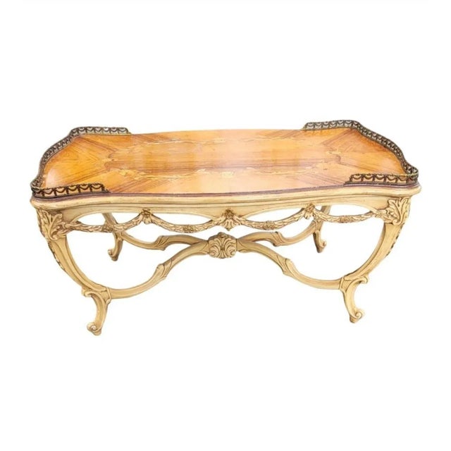 Cream 1910s Louis Xv Walnut & Kingwood Marquetry Satinwood Inlaid Cocktail Table For Sale - Image 8 of 8