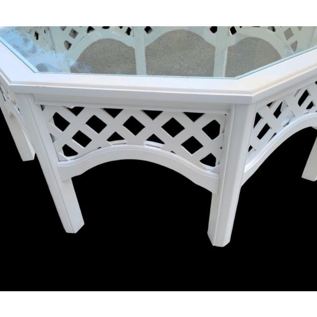 Ficks Reed Vintage White Gloss Octagonal Lattice Glass Top Regency Coffee Table For Sale - Image 4 of 6