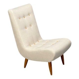 Swedish Modern, Scoop Lounge Chair, Beige Linen, Beech, Sweden, 1940s For Sale