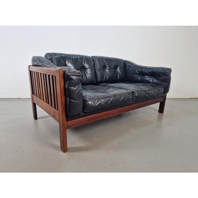 Mid-Century Modern Scandinavian Monte Carlo Sofa in Black Leather and Wood by Ingvar Stockum, 1965 For Sale - Image 9 of 18