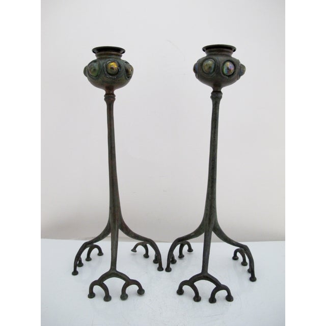 Louis Comfort Tiffany Tiffany Studios Bronze Favrille Glass Accent Tree Footed Candlestick Pair For Sale - Image 4 of 12