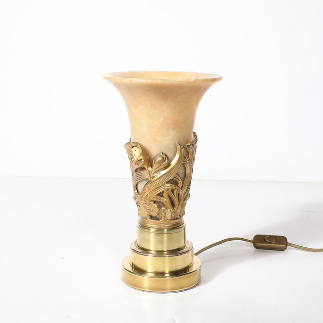 1930s Art Deco Gilt Bronze & Alabaster Table Lamps on Polished Brass Bases - a Pair For Sale - Image 11 of 14