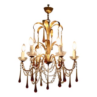 French Gilt Tolewear Chandelier with Amber Crystal Teardrops, 1910 For Sale