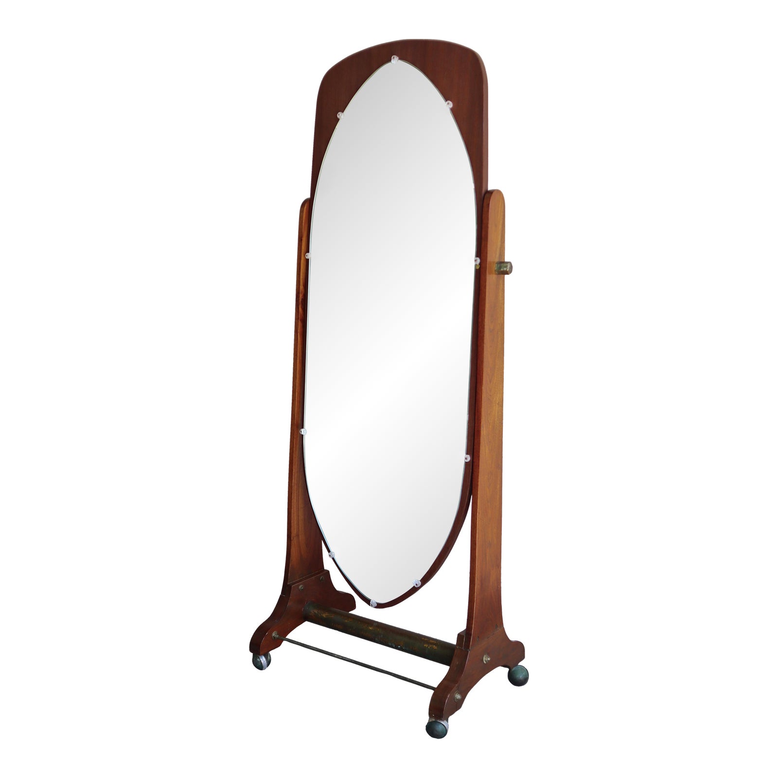 Mid Century Walnut and Brass Cheval Floor Mirror | Chairish