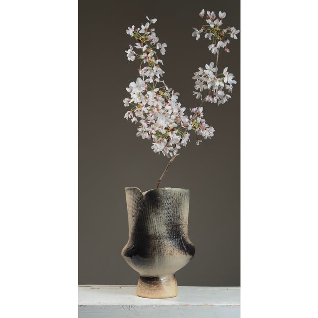 Vintage Japanese Modernist Footed Raku Fired Glazed Ceramic Vessel, Signed. Raku fired ceramic vessel with a ribbed...