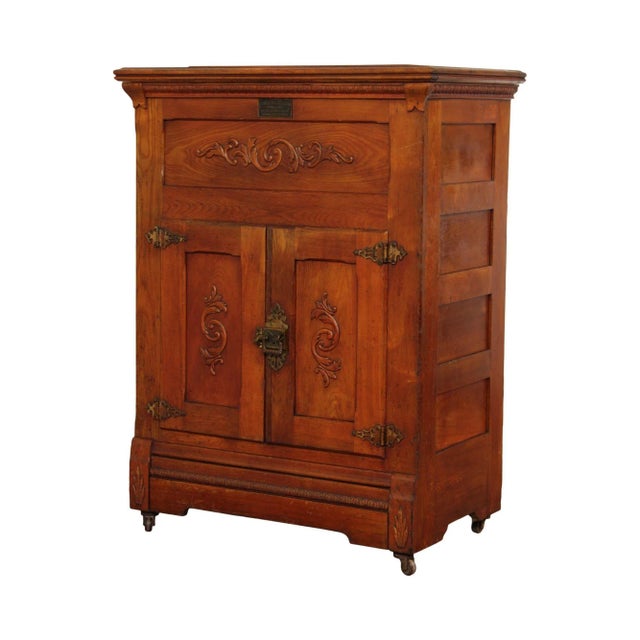 Antique Challenge Iceberg Oak & Tin Lift Lid Icebox For Sale - Image 13 of 13