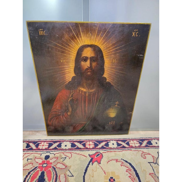 Presenting a magnificent 19th-century Orthodox icon The Pantocrator. This piece is painted in tempera on a wooden panel,...