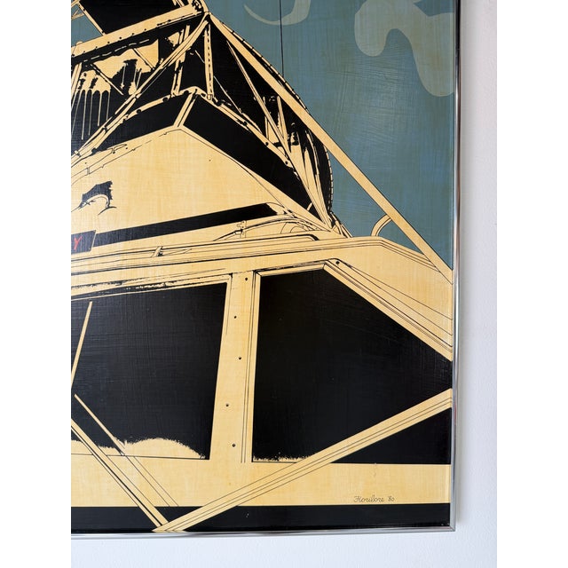 1980 Florilore Mid-Century Modern “Tinker Toy” Boat Painting on Board, Framed For Sale - Image 9 of 12