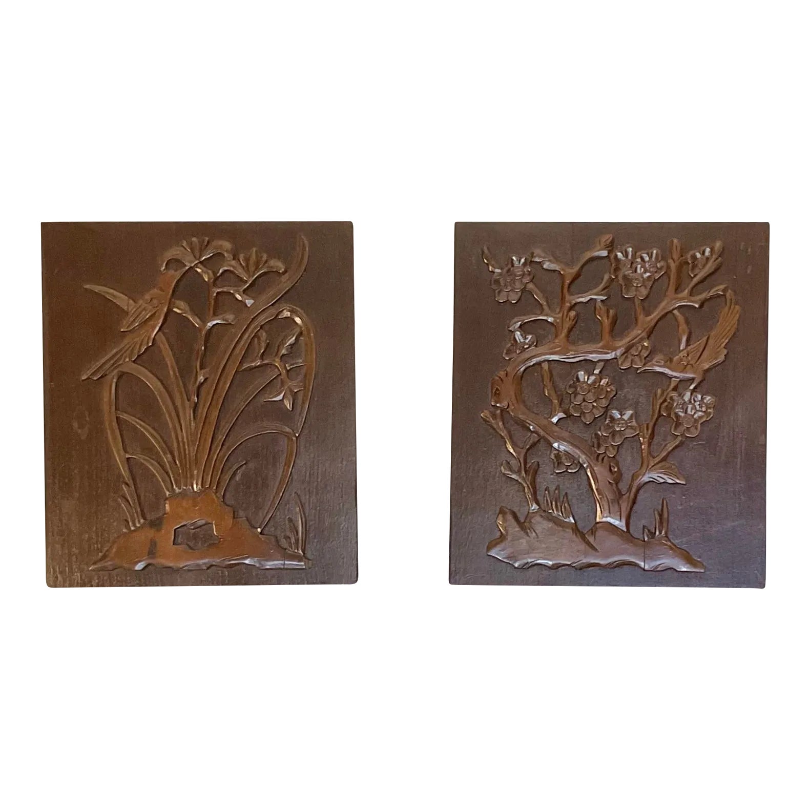Pair of Vintage 60s Decorative Wood 3-D Wall Art Plaques 13 1/2