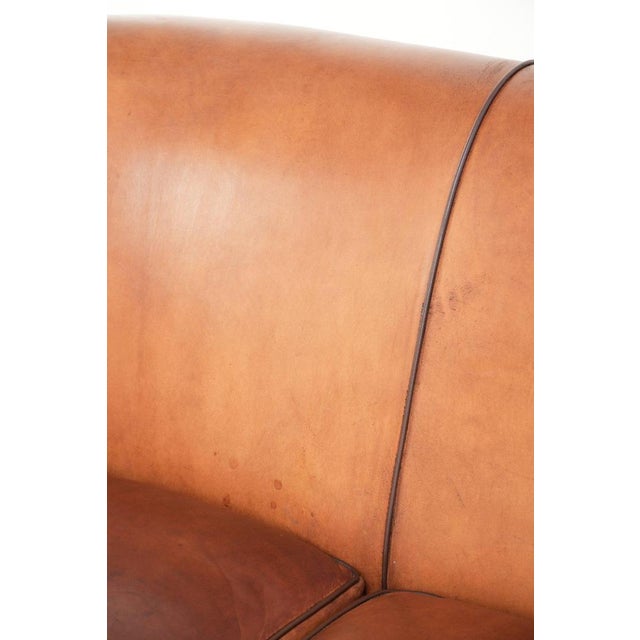 Sheepskin 2-Seater Sofa with Warm Cognac Brown Color Scheme and Finish with Black Piping For Sale - Image 14 of 15
