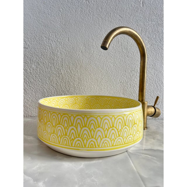 Moroccan Moroccan Yellow Ceramic Round Sink for Bathroom, Vessel Sink with Brass Drain For Sale - Image 3 of 8