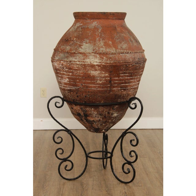Metal 19th Century Mediterranean Large Terra Cotta Amphora Floor Vase on Stand For Sale - Image 7 of 13