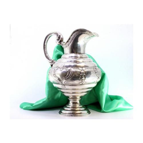 Flared Silver Water Jug with Monogram Plaque, Embossed Handle and Circular Base with Friezes For Sale - Image 6 of 7