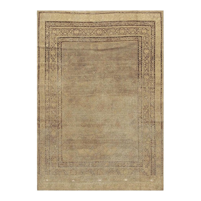 1930s Antique Geometric Floral Antique Chinese Khotan Knotted Wool Rug For Sale