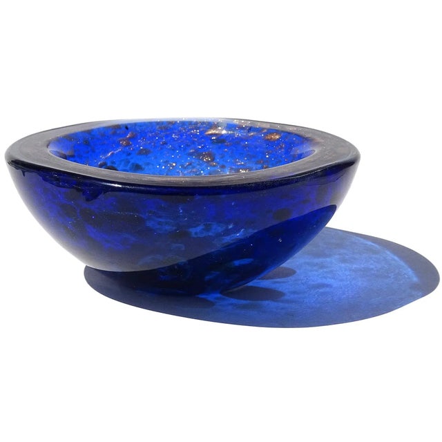 Murano Murano Rich Sapphire Blue White Flower Murrines Aventurine Flecks Vintage Italian Art Glass Bowl For Sale - Image 4 of 7