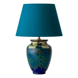 Antique Art Deco Pottery Table Lamp with Japanese Florals and with New Dupion Silk Shade from PZH Gouda, 1920s For Sale