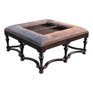 Early 21st Century Lorts[attributed] Spanish Revival Distressed Leather Tray-Top Cocktail Coffee Table For Sale
