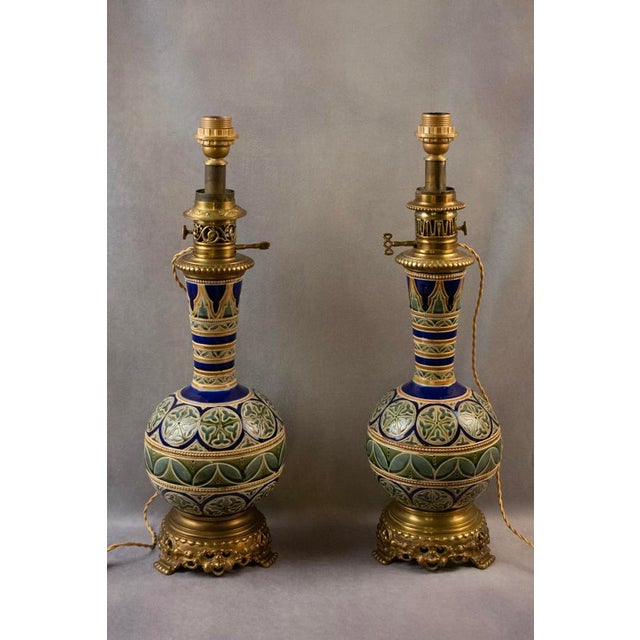 Electrified Kerosene Lamps in Glazed Earthenware with Gilt Bronze Mounts and Geometric Decor from Longwy, Late 19th Century, Set of 2 For Sale - Image 14 of 14
