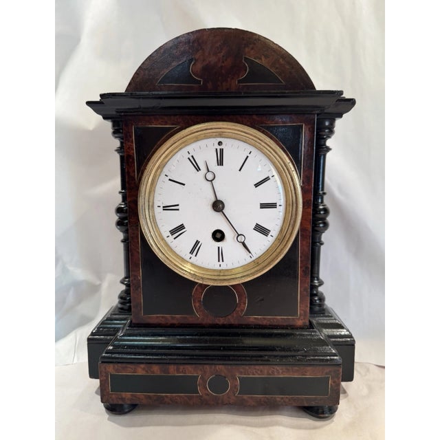 19th Century French Mantel Clock With Ebonized Wood and Burled Inlay For Sale - Image 9 of 11