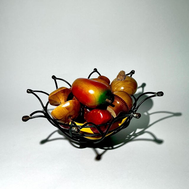 2010s Vintage Hand Carved Costa Rica Wooden Fruit in a Wire Basket 13 PCS For Sale - Image 5 of 7