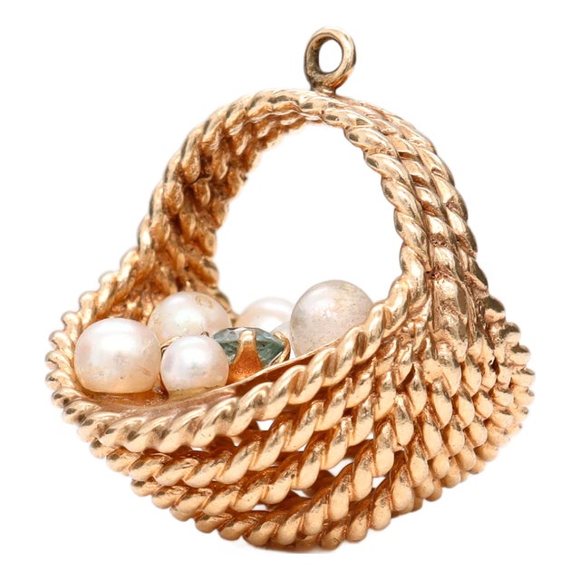 Vintage 14k Yellow Gold, Pearl, and Tourmaline Figural Easter Basket Charm For Sale