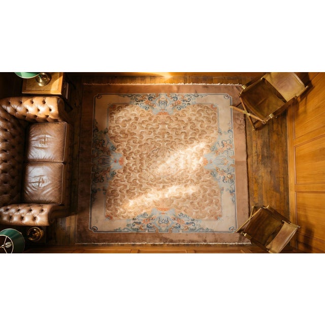 Textile Delicate Chinoiserie Pattern on Peach Background Color Antique Chinese Peking Rug For Sale - Image 7 of 8