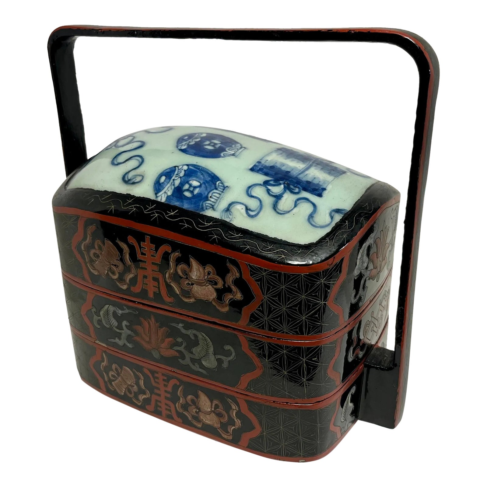 Vintage Chinese Wooden Black Lacquer and Porcelain Shard Storage ...