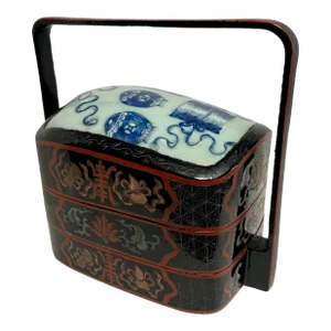 Vintage Chinese Wooden Black Lacquer and Porcelain Shard Storage Wedding Box