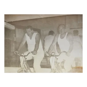 Vintage 1950's Photograph 2 Guys Spin Class Gym Work Out Bicycle