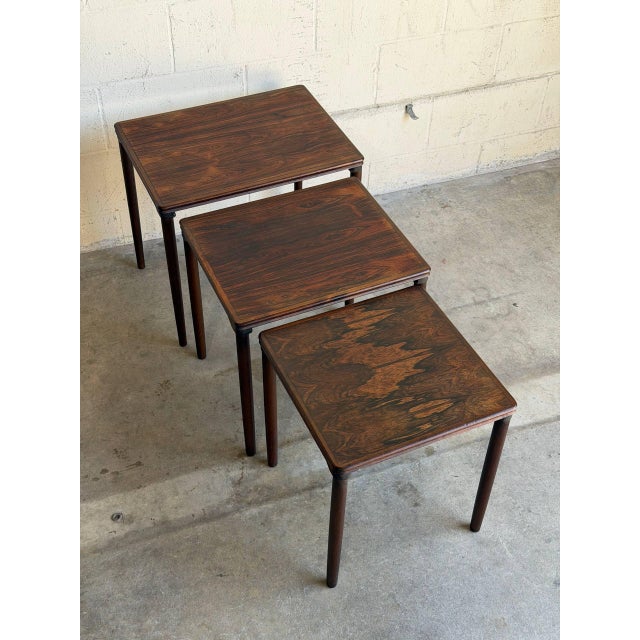 Mid-Century Modern Rosewood Stacking Nesting Tables Three Piece Set Denmark Vintage 1960s For Sale - Image 3 of 10