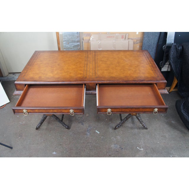 Late 20th Century Vintage Tooled Leather Traditional Carved Campaign Style Office Writing Desk For Sale - Image 10 of 11