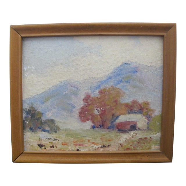 M Johnson Miniature Farmhouse Mountain Landscape Framed Oil Painting For Sale