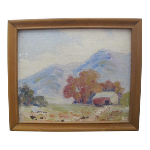 M Johnson Miniature Farmhouse Mountain Landscape Framed Oil Painting