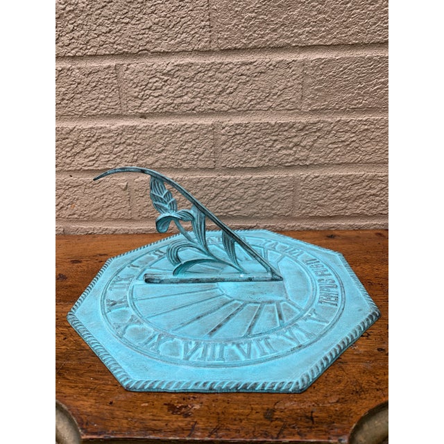 Late 20th Century Antique Style Verdigris Sundial "Tempus Fugit" – Neoclassical Garden Accent For Sale - Image 5 of 7