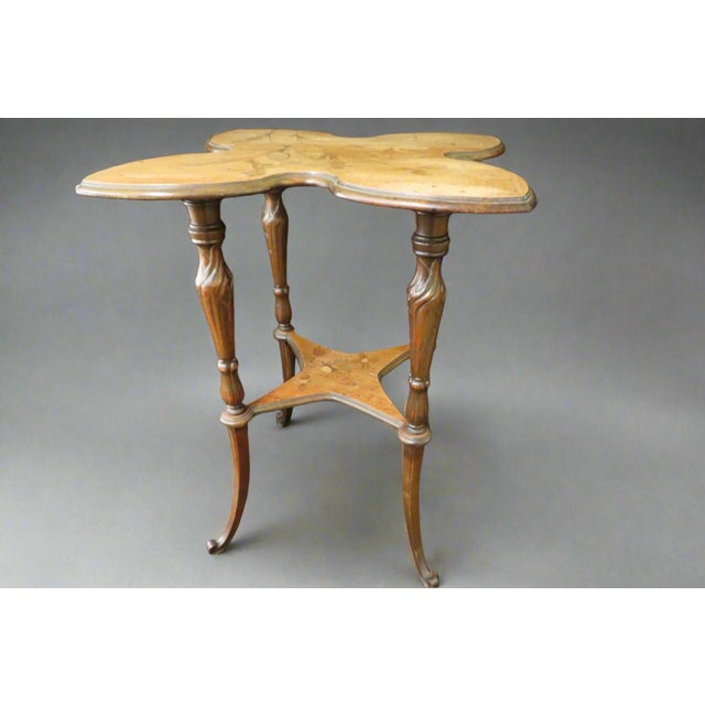 Emile Galle Stunning Emile Galle Quatrefoil 2 Tier Marquetry Art Nouveau Lamp Table For Sale - Image 4 of 12