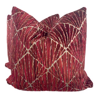 Vervain "Velvet Scallop" in Crimson 22" Pillows-A Pair For Sale