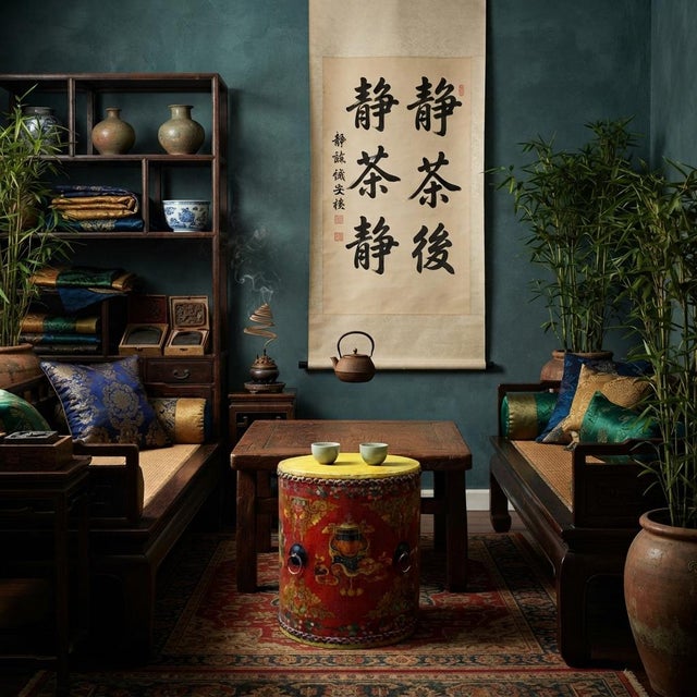 1990s Oriental Tibetan Style Red Auspicious Flower Motifs Drum Table For Sale - Image 5 of 10