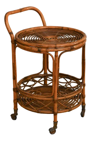 Bamboo Cane Cart and Circular Side Table, 1960s, Set of 2